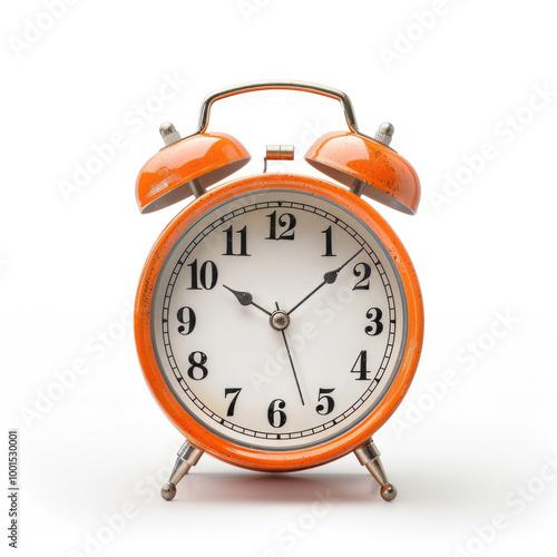 A retro-style alarm clock with classic pointer hands, isolated on a white background