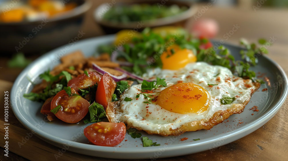Delicious and healthy breakfast with fried eggs, tomatoes, and vegetables on a gourmet plate Delicious and healthy breakfast with fried eggs, tomatoes, and vegetables on a gourmet plate
