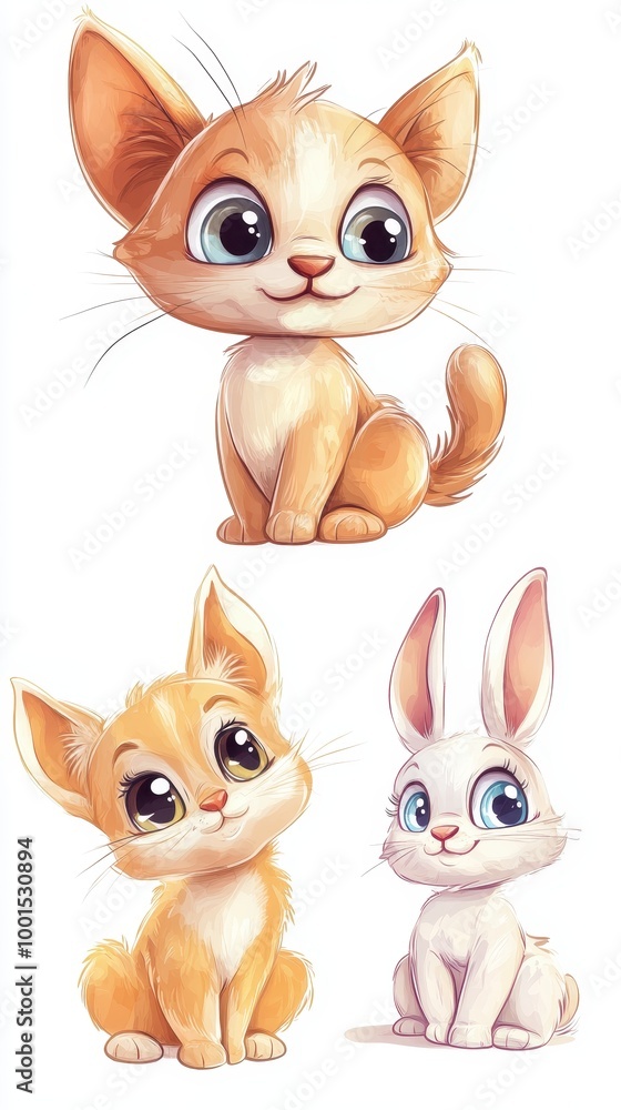 This collection features a playful kitten, cuddly bunny, and cheerful puppy with big eyes This collection features a playful kitten, cuddly bunny, and cheerful puppy with big eyes