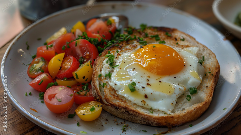 Delicious breakfast with fried egg, toast, and cherry tomato on a plate for a perfect morning meal Delicious breakfast with fried egg, toast, and cherry tomato on a plate for a perfect morning meal