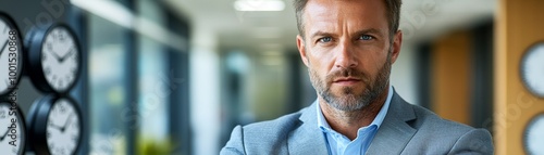 A serious-looking man in a stylish suit stands in a modern office space with clocks on the wall, conveying professionalism and concentration.