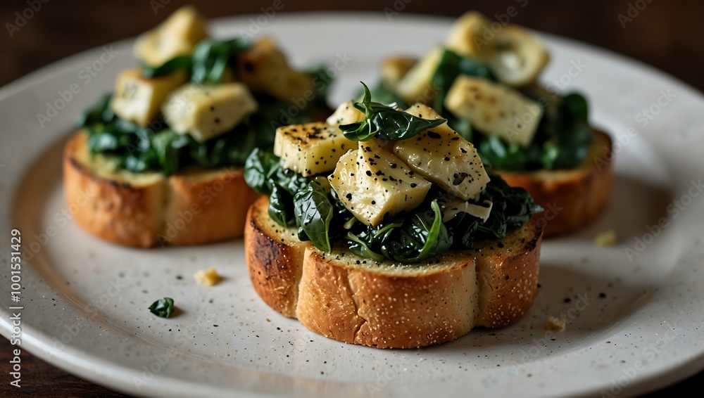 Ceramic dish of bruschetta topped with spinach and artichoke. Ceramic dish of bruschetta topped with spinach and artichoke.