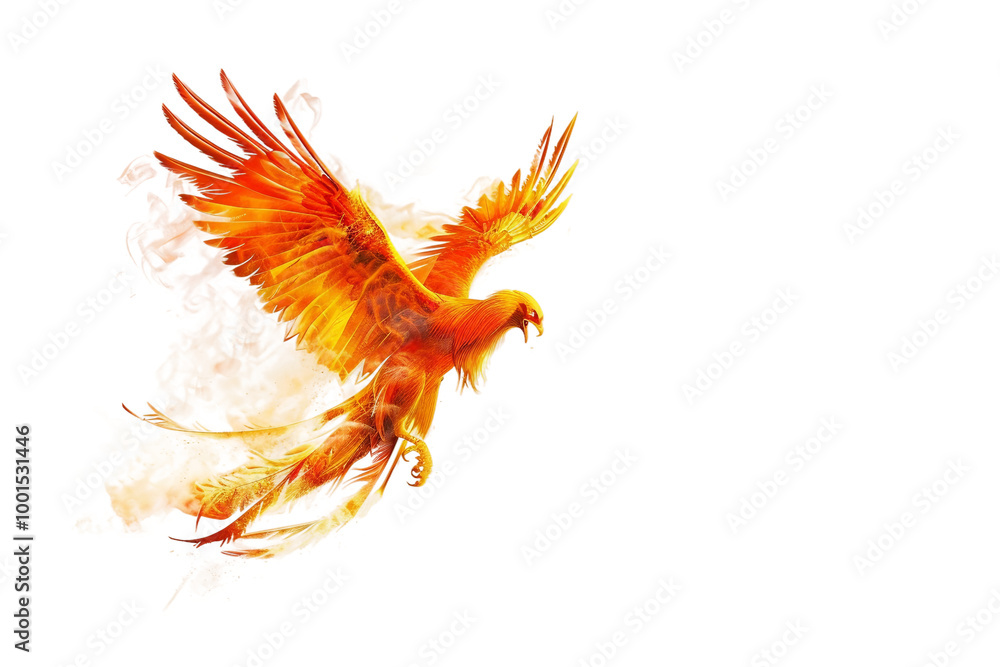 Obraz premium Dynamic flaming phoenix bird symbolizing strength and transformation isolated on transparent background