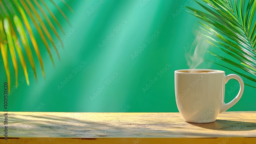 Hot coffee cup with steam on wooden table and green background, tropical leaves. Hot coffee cup with steam on wooden table and green background, tropical leaves.