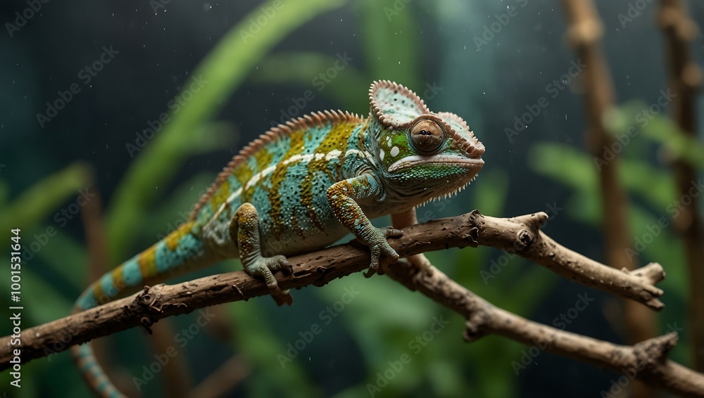 Chameleon on a twig in a home aquarium, showcasing exotic pets. Chameleon on a twig in a home aquarium, showcasing exotic pets.