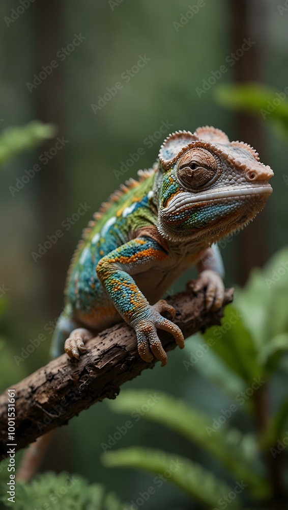 Chameleon resting on a twig in a home terrarium. Chameleon resting on a twig in a home terrarium.