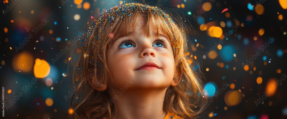 Little girl looking up at the falling confetti Little girl looking up at the falling confetti