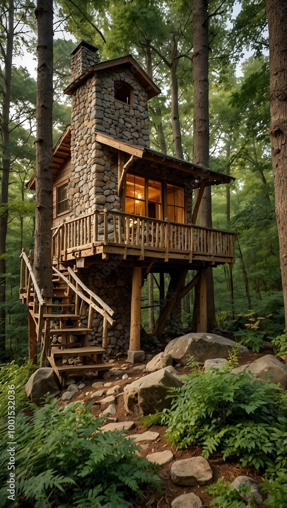 Charming treehouse with a stone chimney and forest view. Charming treehouse with a stone chimney and forest view.