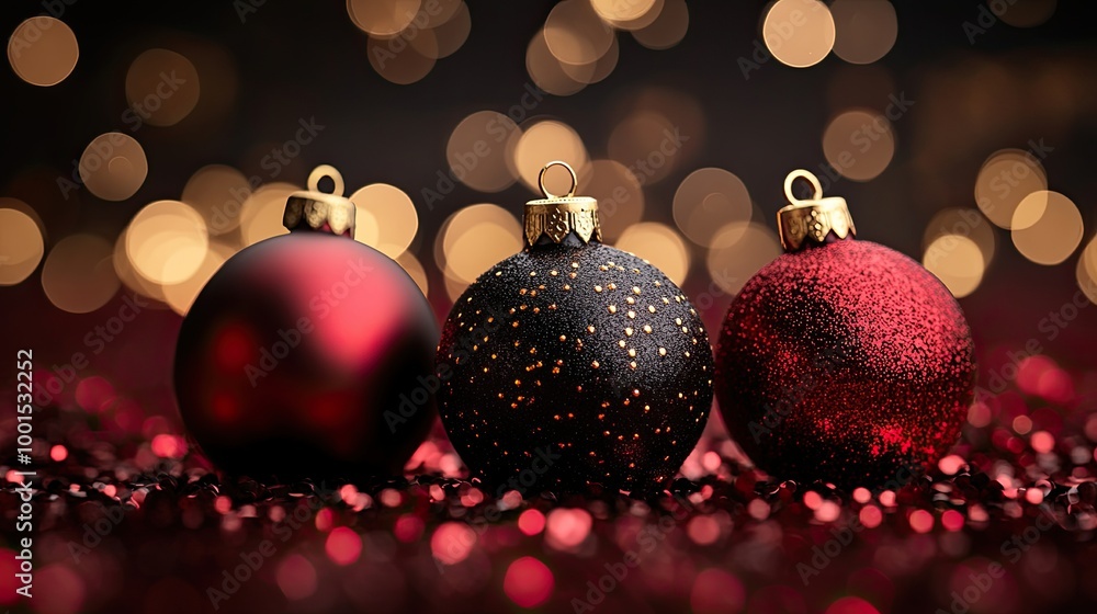 Red and black Christmas baubles with bokeh lights background Red and black Christmas baubles with bokeh lights background