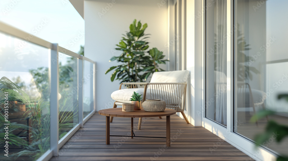Modern balcony with cozy furniture, plants, and sunlight creating a peaceful outdoor view Modern balcony with cozy furniture, plants, and sunlight creating a peaceful outdoor view