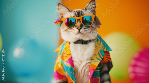 Cool cat in sunglasses with colorful tropical Hawaiian attire at a fun beach party