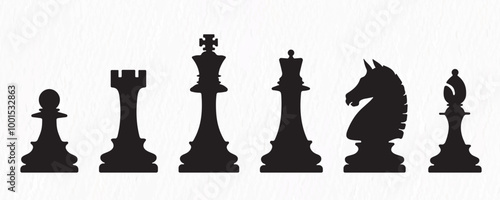 Illustration of six chess pieces (Pawn, Rook, King, Queen, Knight, Bishop), ideal for 
strategy, games, and design projects