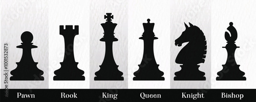 Illustration of six chess pieces (Pawn, Rook, King, Queen, Knight, Bishop), ideal for 
strategy, games, and design projects