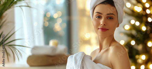 Serene woman enjoying relaxation spa with a towel surrounded by beauty, serenity, and wellness glow