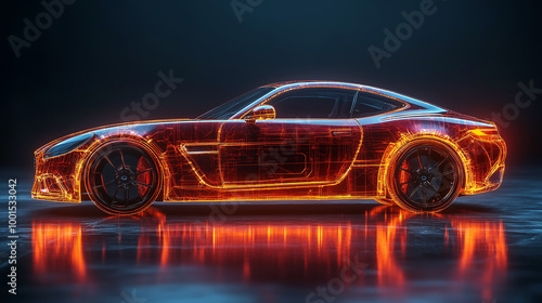 A sports car made of glowing orange neon wireframe, with reflections on the floor, illuminated from behind 