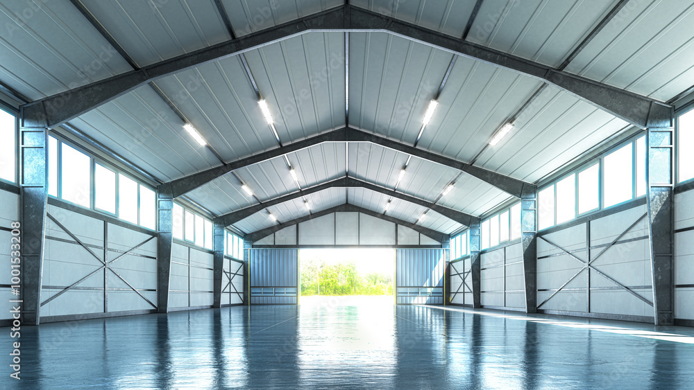 Interior of a bright hangar. industrial premises. 3d illustration Interior of a bright hangar. industrial premises. 3d illustration