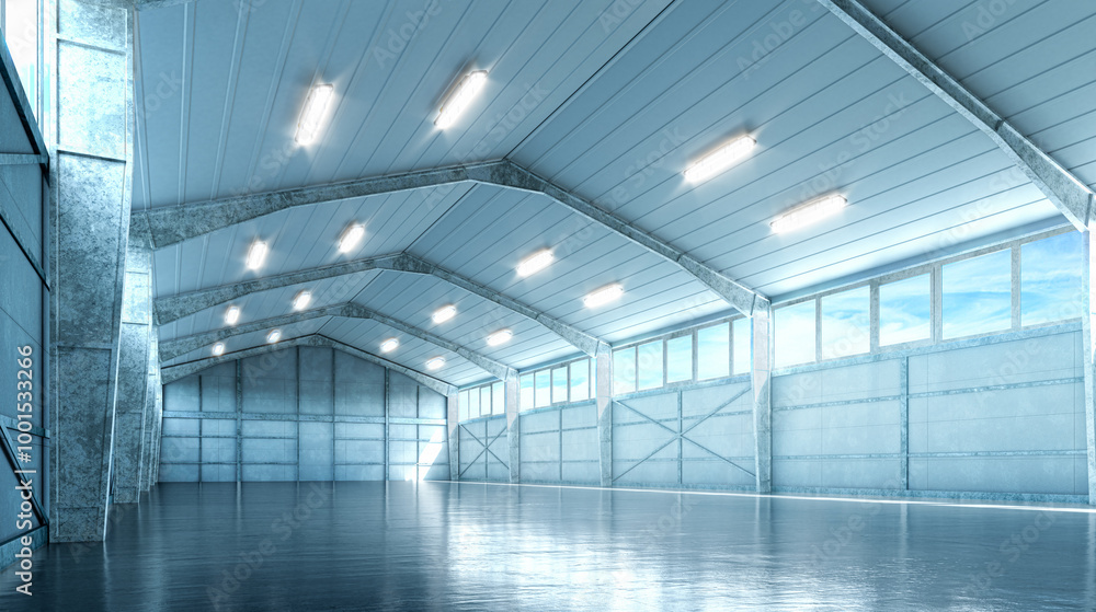 Interior of a bright hangar. industrial premises. 3d illustration Interior of a bright hangar. industrial premises. 3d illustration