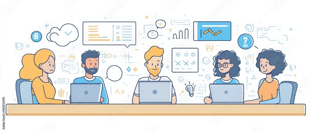 A diverse group of five professionals engaged in a collaborative meeting, surrounded by charts, graphs, and digital illustrations. A diverse group of five professionals engaged in a collaborative meeting, surrounded by charts, graphs, and digital illustrations.