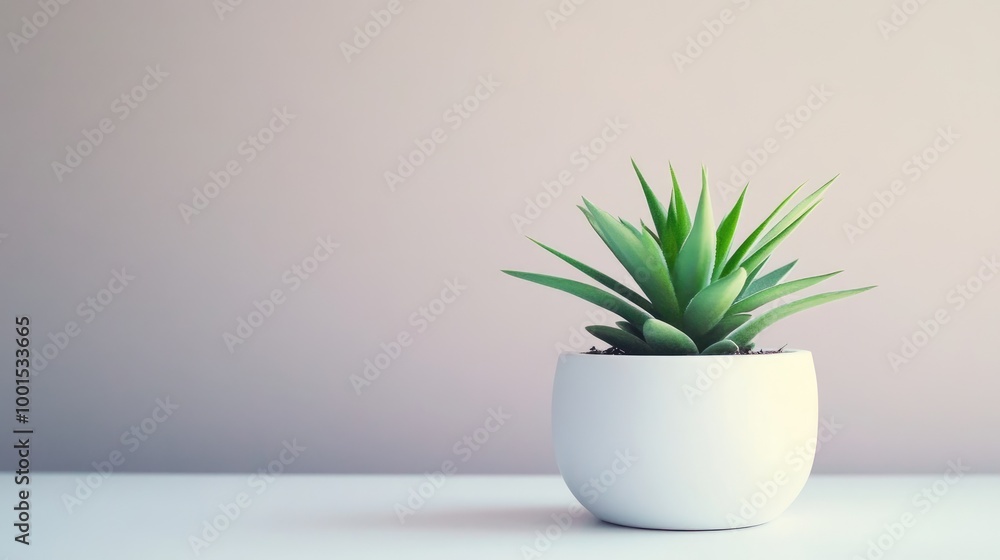 A small green plant in a minimalist white pot, set against a clean, soft-colored background, emphasizing purity A small green plant in a minimalist white pot, set against a clean, soft-colored background, emphasizing purity