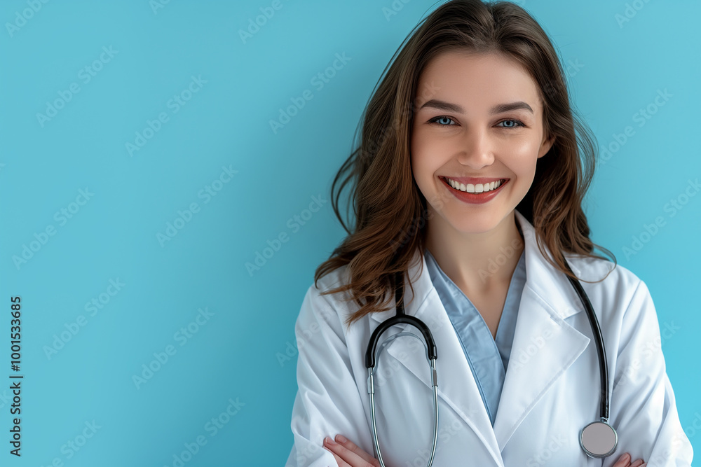 Female doctor with stethoscope smiling in a blue background professional portrait Female doctor with stethoscope smiling in a blue background professional portrait