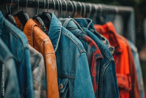 Colorful collection of jackets hanging on a rack in a trendy urban setting photo