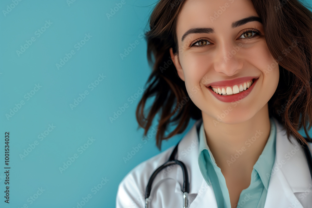 Smiling female doctor portrait with stethoscope on blue background, young and confident healthcare professional Smiling female doctor portrait with stethoscope on blue background, young and confident healthcare professional