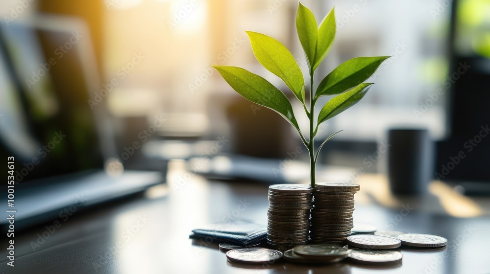 A small plant growing from a stack of coins on a clean desk, showcasing financial growth and saving A small plant growing from a stack of coins on a clean desk, showcasing financial growth and saving