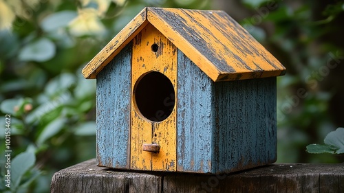 Rustic wooden birdhouse with a weathered look in a natural garden setting