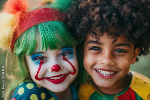 Wallpaper Mural Two children in clown costumes on Halloween, smiling and looking at the camera Torontodigital.ca