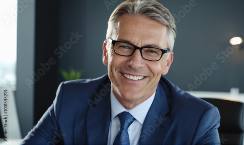 A businessman in a blue suit smiles broadly while sitting at a desk in an office