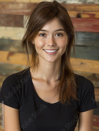 Portrait of a smiling woman with brunette hair in a casual black tshirt against a colorful wood background