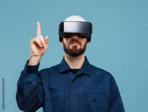 Engineer using augmented reality glasses for equipment maintenance, smart manufacturing, futuristic tech