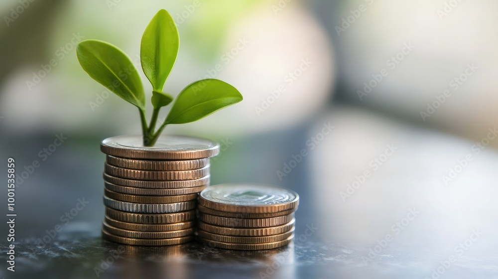 A stack of coins with a small green plant beside them, highlighting the synergy of financial growth and savings in a clean, modern setting A stack of coins with a small green plant beside them, highlighting the synergy of financial growth and savings in a clean, modern setting