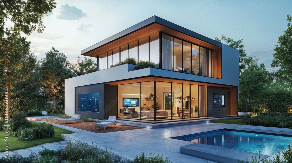 A large, modern house with a pool and a large glass window A large, modern house with a pool and a large glass window