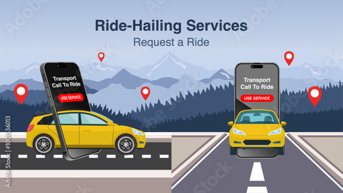 Request a Ride and Efficient Smartphone Ride-Hailing Service. Use Our Mobile App to Call Taxis and Vehicles. Vector.