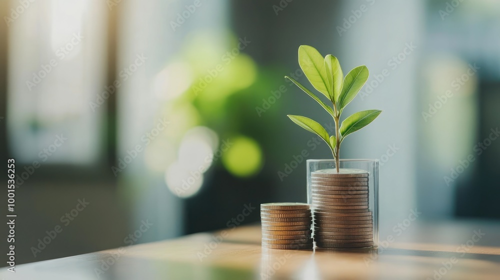 A stack of coins with a small green plant next to it, highlighting the concept of financial savings and growth in a clean, modern setting A stack of coins with a small green plant next to it, highlighting the concept of financial savings and growth in a clean, modern setting