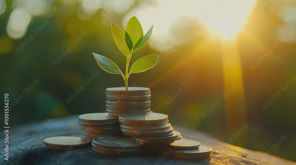 A stack of coins with a small green sprout growing from the top, symbolizing the growth of financial resources against a bright backdrop A stack of coins with a small green sprout growing from the top, symbolizing the growth of financial resources against a bright backdrop
