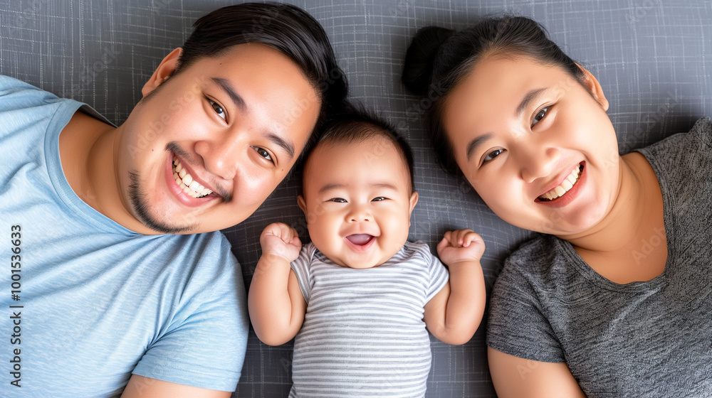 Happy family with parents and baby smiling together on bed at home filled with love and joy Happy family with parents and baby smiling together on bed at home filled with love and joy
