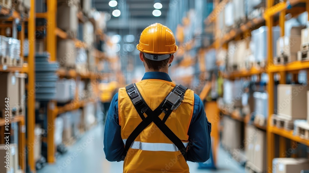 Factory worker using exoskeleton for heavy lifting, assistive technology, worker safety in manufacturing Factory worker using exoskeleton for heavy lifting, assistive technology, worker safety in manufacturing