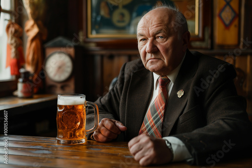 Elderly man in a traditional bar holding a beer mug, wearinng a vintage suit, having a drink