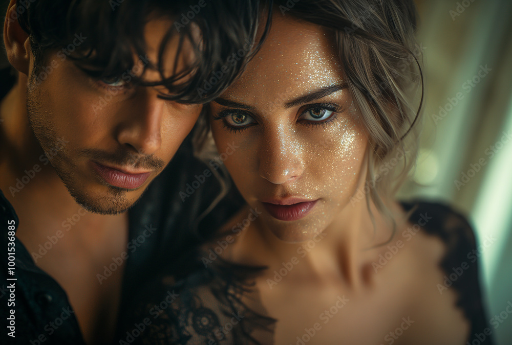 Couple with glitter makeup fashion portrait, intimate sparkle beauty glamorous eyes Couple with glitter makeup fashion portrait, intimate sparkle beauty glamorous eyes