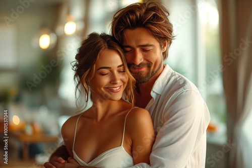 Happy couple hugging and smiling indoors in a cozy romantic embrace full of love and affection