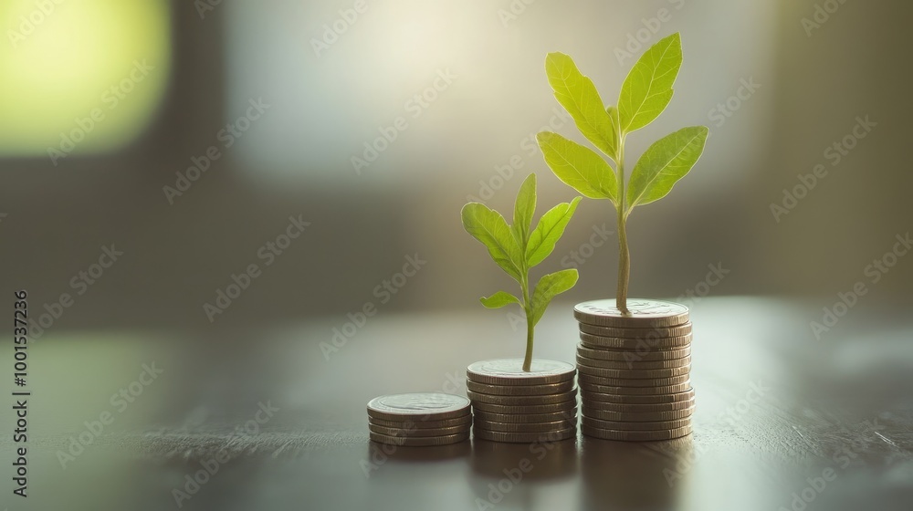 A stack of coins with a young plant beside them, showcasing financial growth and the concept of saving in a clean, modern setting A stack of coins with a young plant beside them, showcasing financial growth and the concept of saving in a clean, modern setting