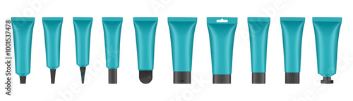 Set of turquoise cosmetic tubes with black caps. Closed blank tubes with caps. Realistic mockup. Long nozzle tube. for ointment or salve. Gel serum. Korean packaging. Lip gloss. Toothpaste. Hand cream