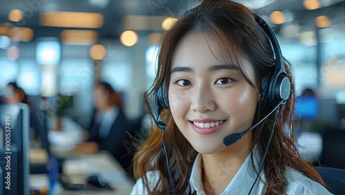 Smiling Woman in Headset at Call Center