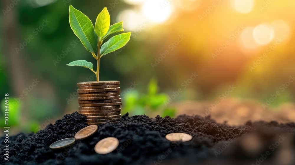 A stack of coins with a young plant growing beside it, symbolizing the synergy of financial saving and growth in a simple setting A stack of coins with a young plant growing beside it, symbolizing the synergy of financial saving and growth in a simple setting