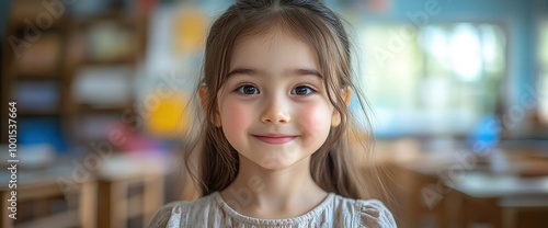 Portrait of a Smiling Young Girl in a Classroom