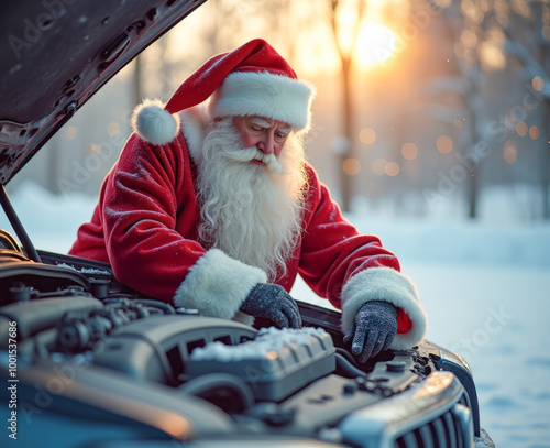 Santa Claus repairs the engine of his car on the street in winter photo