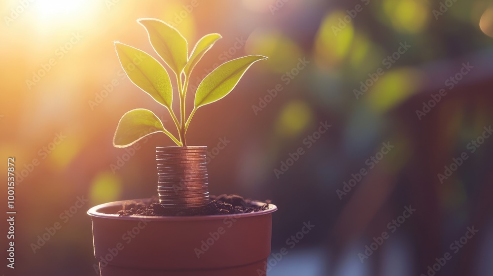 A stack of shiny coins growing out of a small potted plant, symbolizing financial growth and saving A stack of shiny coins growing out of a small potted plant, symbolizing financial growth and saving
