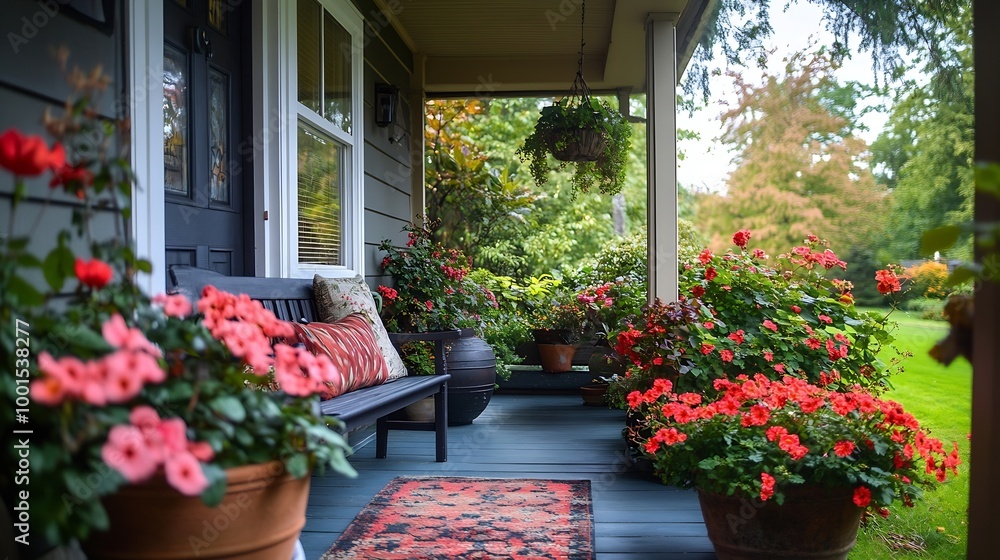 Cozy entrance porch with flower pots and seating arrangement Northwest USA : Generative AI Cozy entrance porch with flower pots and seating arrangement Northwest USA : Generative AI